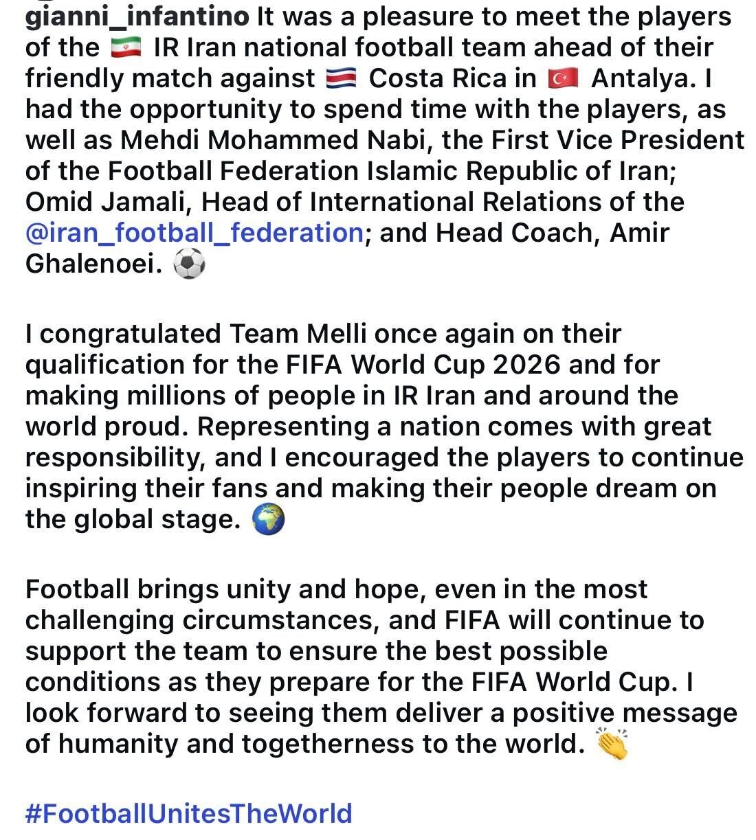 پست قابل توجه رئیس فیفا پس از دیدار با تیم ملی فوتبال پست قابل توجه رئیس فیفا پس از دیدار با تیم ملی فوتبال