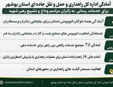 اطلاع نگاشت | آمادگی اداره کل راهداری و حمل و نقل جاده ای
استان بوشهر برای خدمات رسانی به زائران مراسم ودع و تشییع رهبر
شهید