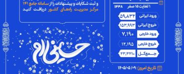 اطلاع‌نگاشت| تردد مسافر از پایانه مرزی چذابه ۲۵ تیر تا ۸
مرداد ۱۴۰۵ | یکم تا ۱۵ صفر ۱۴۴۸