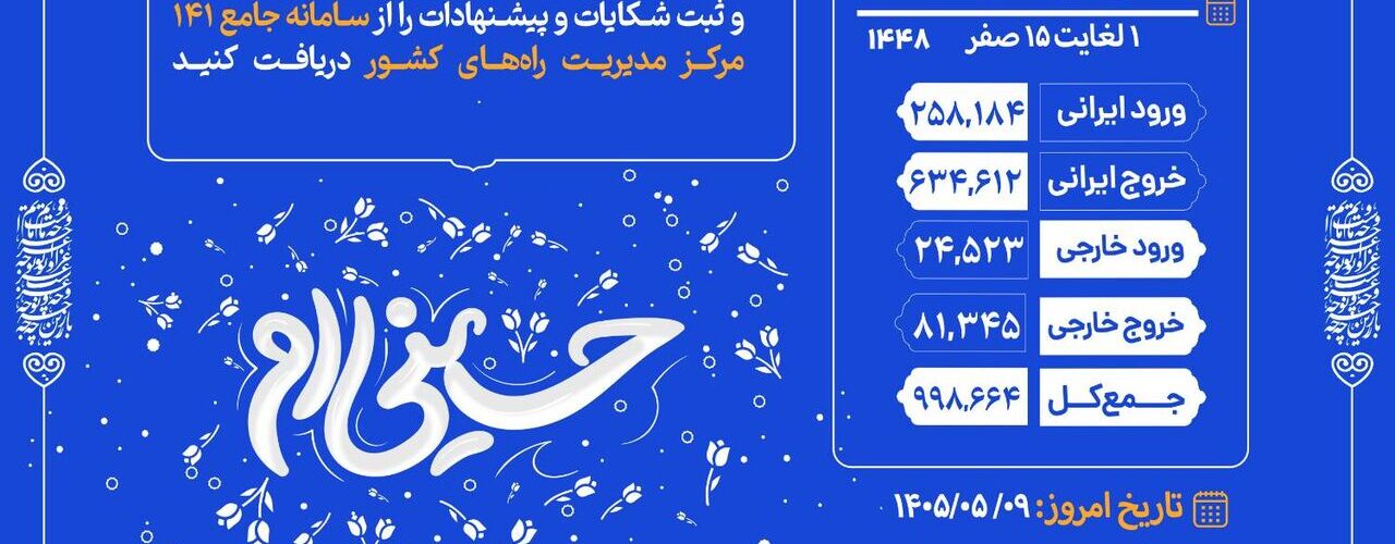 اطلاع‌نگاشت| تردد مسافر از پایانه مرزی شلمچه ۲۵ تیر تا ۸
مرداد ۱۴۰۵ |یکم تا ۱۵ صفر ۱۴۴۸