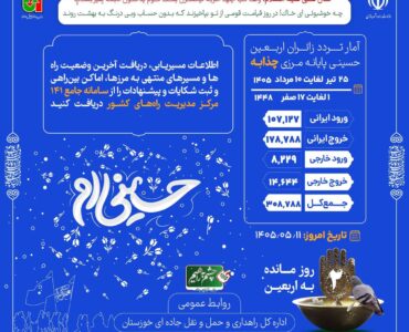 اطلاعنگاشت| تردد مسافر از پایانه مرزی چذابه ۲۵ تیر تا ۱۰
مرداد ۱۴۰۵ / ۱ تا۱۷ صفر ۱۴۴۸ اطلاعنگاشت| تردد مسافر از پایانه مرزی چذابه ۲۵ تیر تا ۱۰
مرداد ۱۴۰۵ / ۱ تا۱۷ صفر ۱۴۴۸