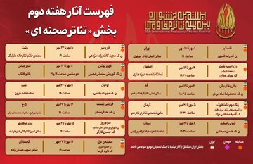 جدول آثار هفته دوم بخش «تئاتر صحنه‌ای» جشنواره بین‌المللی تئاتر مقاومت
